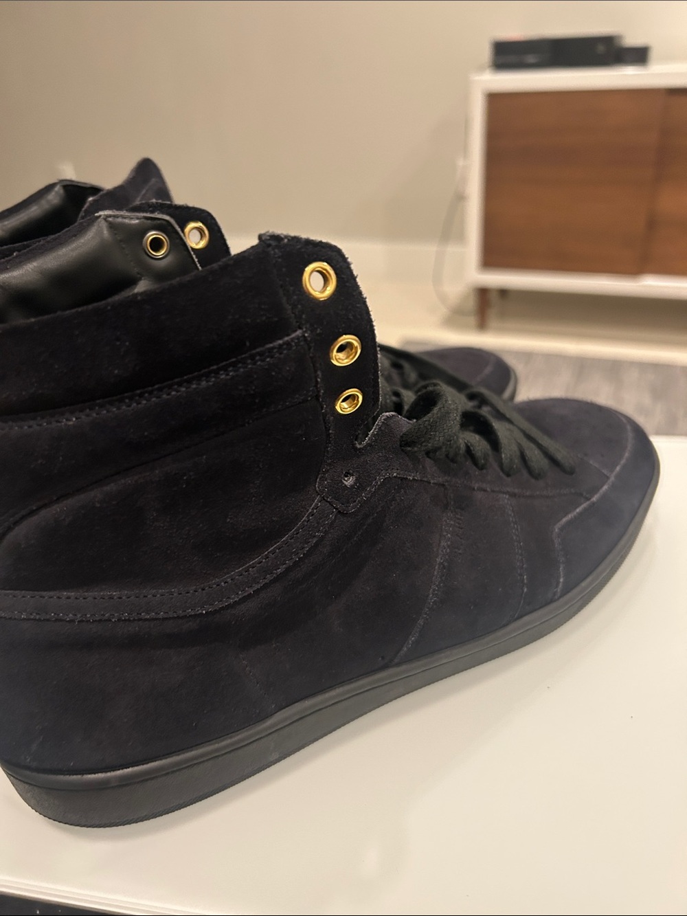 Yves Saint Laurent Black Suede High-Top Sneakers with Gold Eyelets - Picture 6 of 6